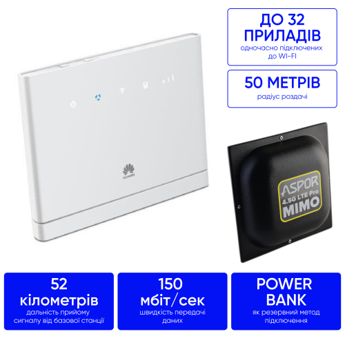Комплект 4G інтернету в поля, ліса та села 150 мб/с Huawei 315 + MIMO антена 18 дБ